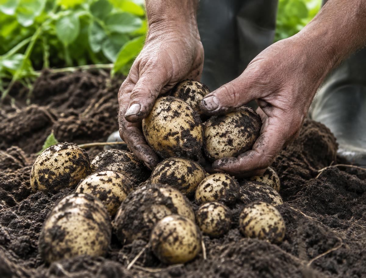 Mãos de agricultor a segurar batatas recém-colhidas